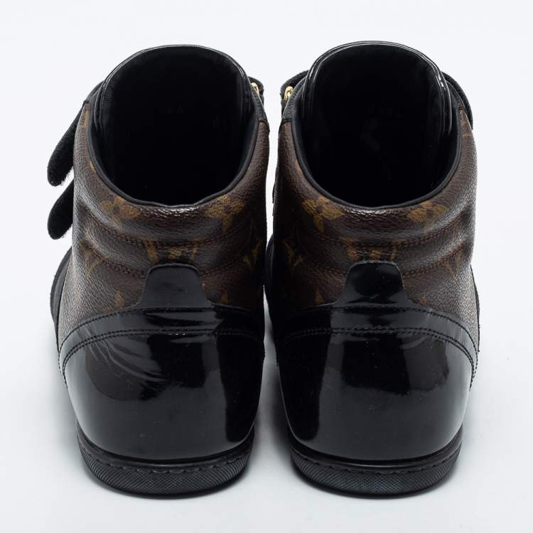 Pre Owned Louis Vuitton Black Leather and Monogram Canvas High Top Sneakers Size 36.5