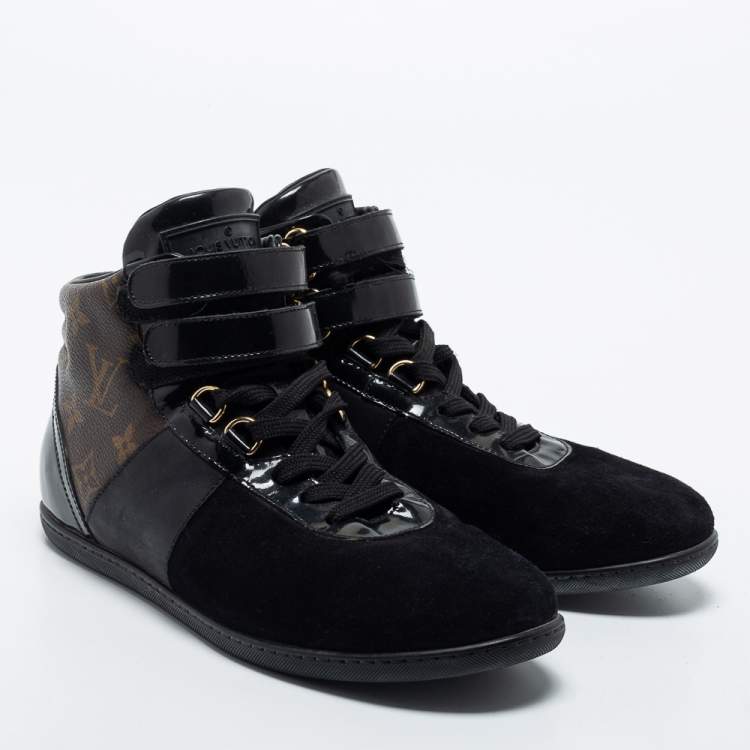 Pre Owned Louis Vuitton Black Leather and Monogram Canvas High Top Sneakers Size 36.5