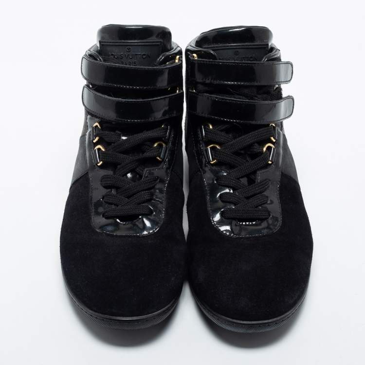 Pre Owned Louis Vuitton Black Leather and Monogram Canvas High Top Sneakers Size 36.5