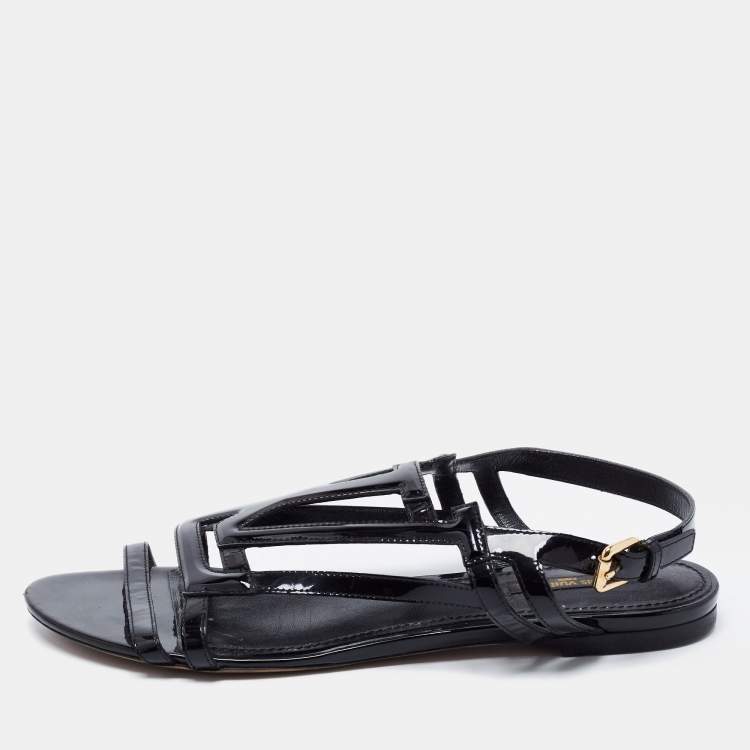 Louis Vuitton Black Patent Leather LV Logo Slingback Flat Sandals