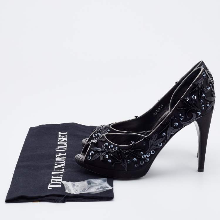Pre Owned Louis Vuitton Black Satin and Patent Leather Peep Toe D'orsay Pumps Size Size 37.5