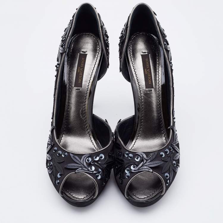 Pre Owned Louis Vuitton Black Satin and Patent Leather Peep Toe D'orsay Pumps Size Size 37.5