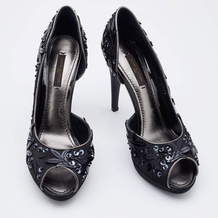 Pre Owned Louis Vuitton Black Satin and Patent Leather Peep Toe D'orsay Pumps Size Size 37.5
