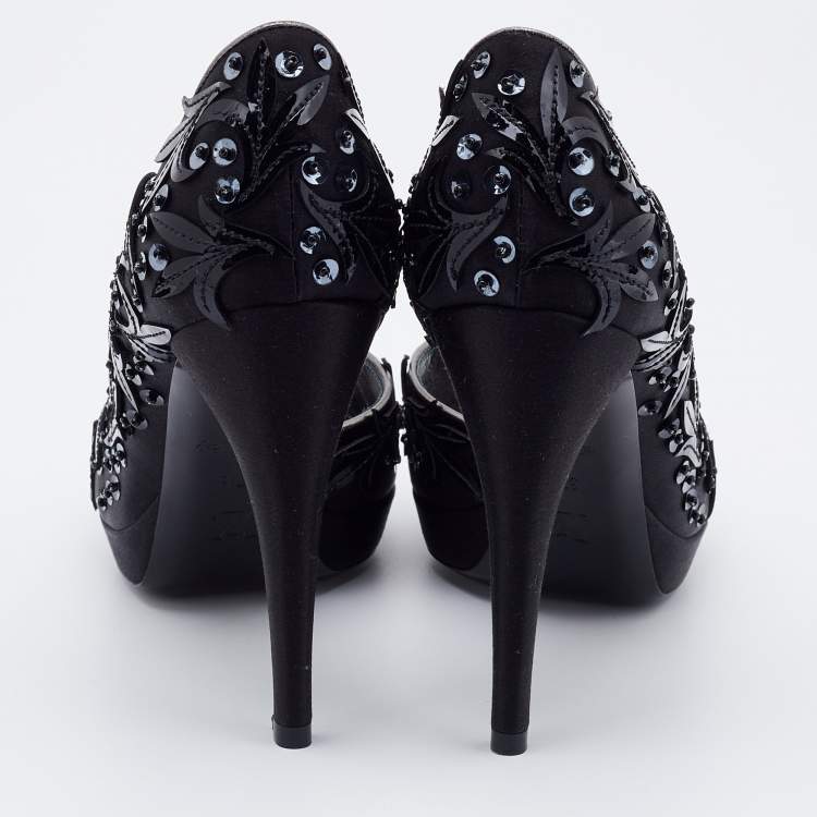 Pre Owned Louis Vuitton Black Satin and Patent Leather Peep Toe D'orsay Pumps Size Size 37.5