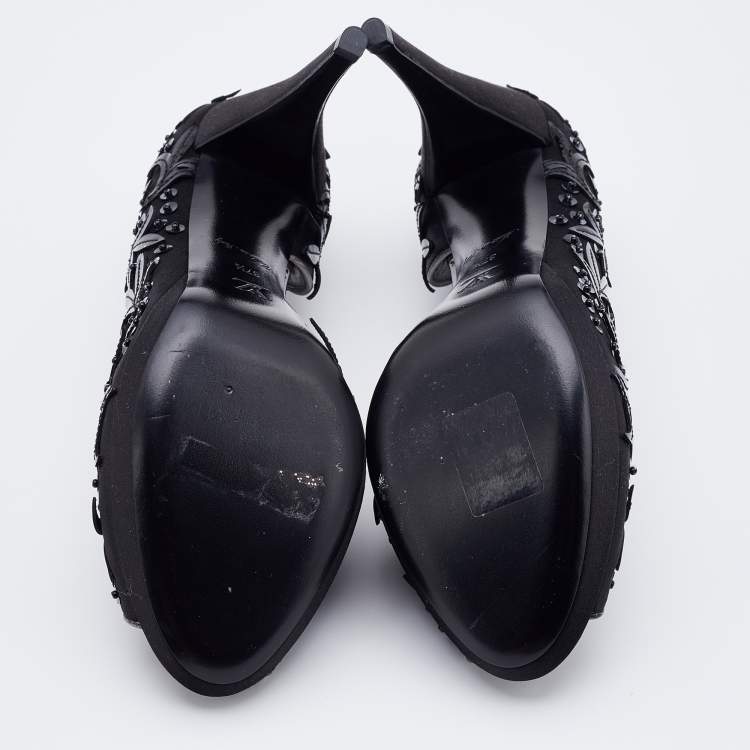 Pre Owned Louis Vuitton Black Satin and Patent Leather Peep Toe D'orsay Pumps Size Size 37.5