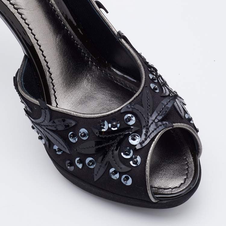 Pre Owned Louis Vuitton Black Satin and Patent Leather Peep Toe D'orsay Pumps Size Size 37.5