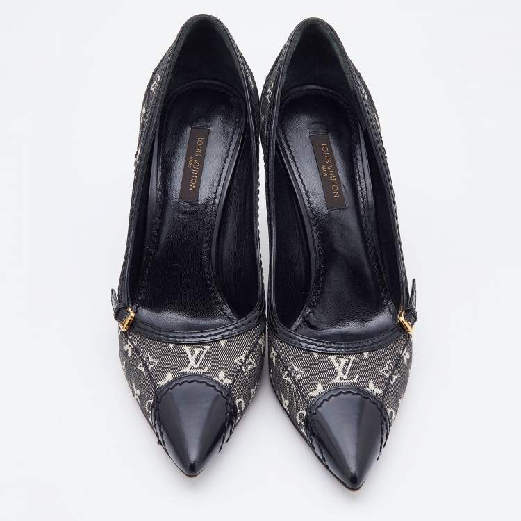 Pre Owned Louis Vuitton Black/White Monogram Mini Lin Canvas and Leather Pointed Toe Pumps Size 36.5