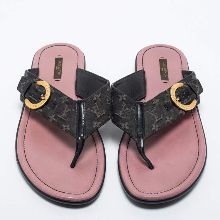 Pre Owned Louis Vuitton Black Denim Monogram Thong Buckle Detail Sandals Size 42