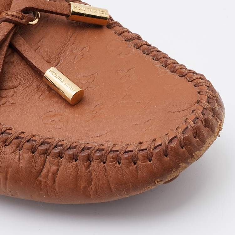 Pre Owned Louis Vuitton Brown Monogram Empreinte Leather Gloria Loafers Size 36