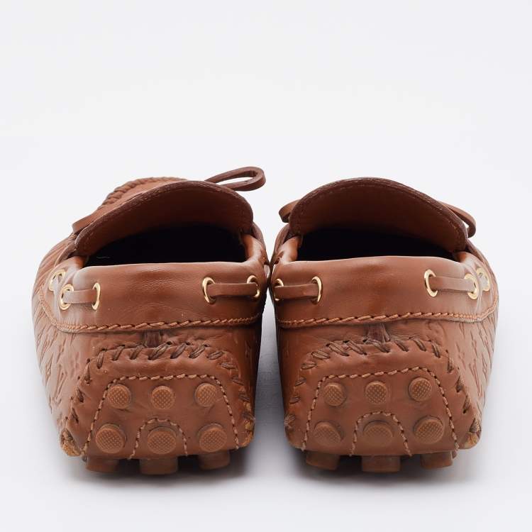 Pre Owned Louis Vuitton Brown Monogram Empreinte Leather Gloria Loafers Size 36