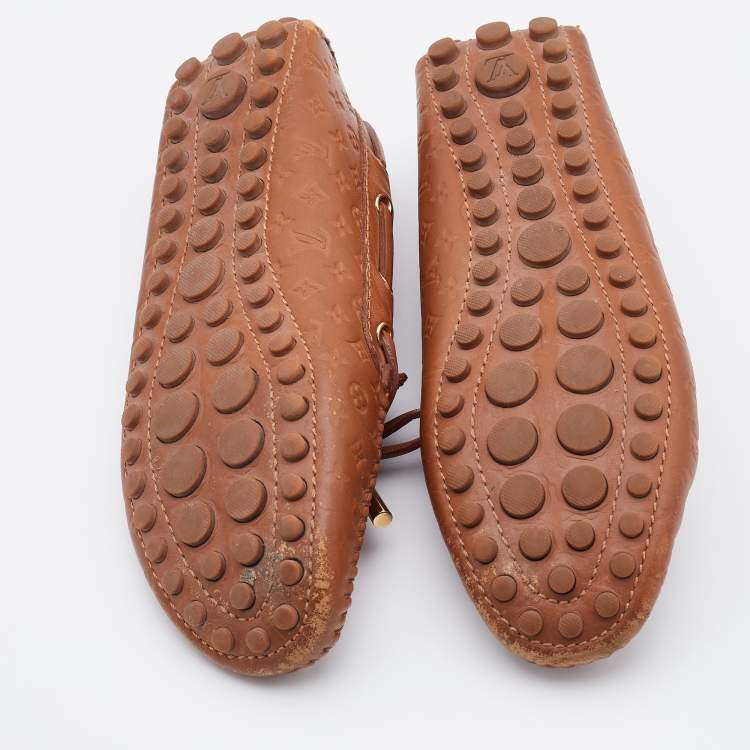 Pre Owned Louis Vuitton Brown Monogram Empreinte Leather Gloria Loafers Size 36