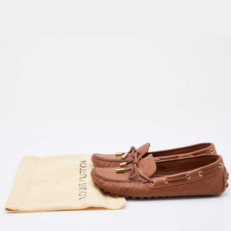 Pre Owned Louis Vuitton Brown Monogram Empreinte Leather Gloria Loafers Size 36