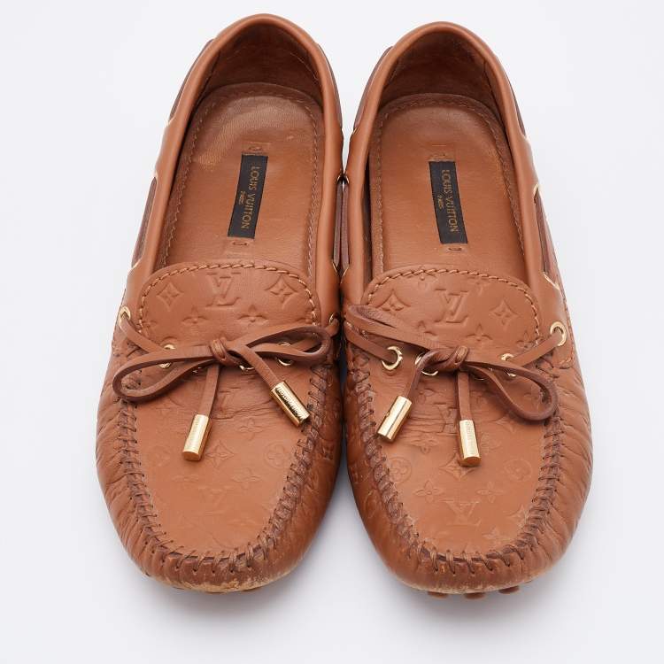 Pre Owned Louis Vuitton Brown Monogram Empreinte Leather Gloria Loafers Size 36