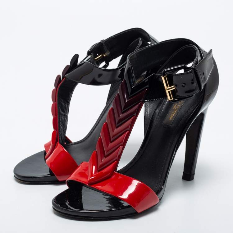 Louis Vuitton Red/Black Patent Leather Ankle Strap Sandals Size 36