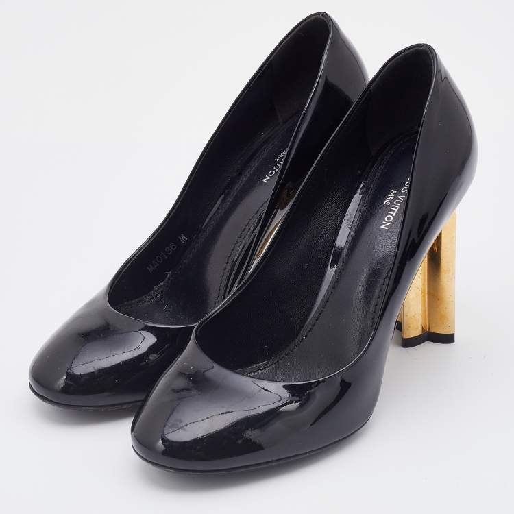 Louis Vuitton Black Patent Leather Round Toe Block Heel Pumps Size 36 Louis  Vuitton