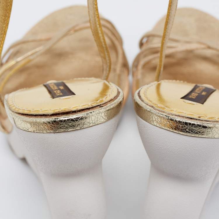 Pre Owned Louis Vuitton Gold Leather Round Wedge Ankle Strap Sandals Size 39