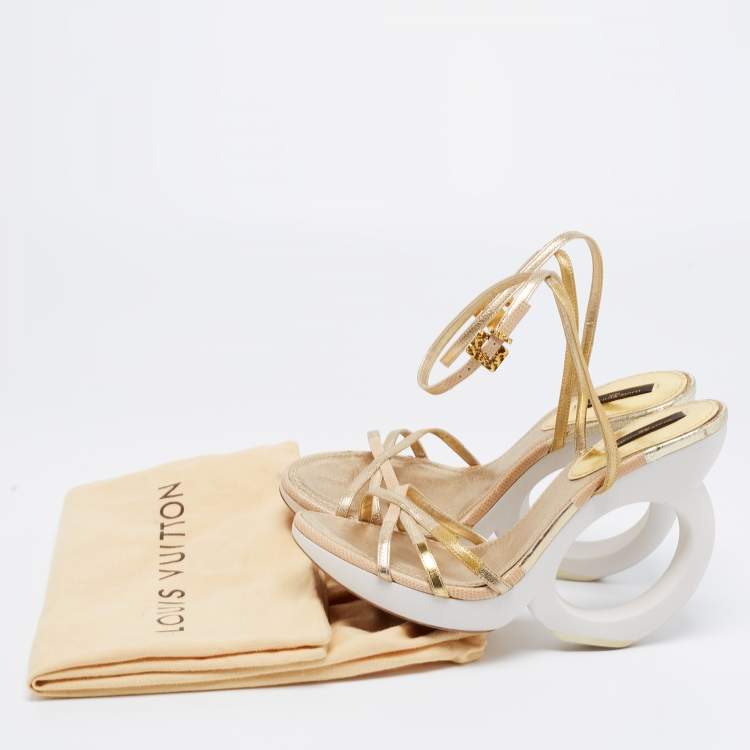 Pre Owned Louis Vuitton Gold Leather Round Wedge Ankle Strap Sandals Size 39