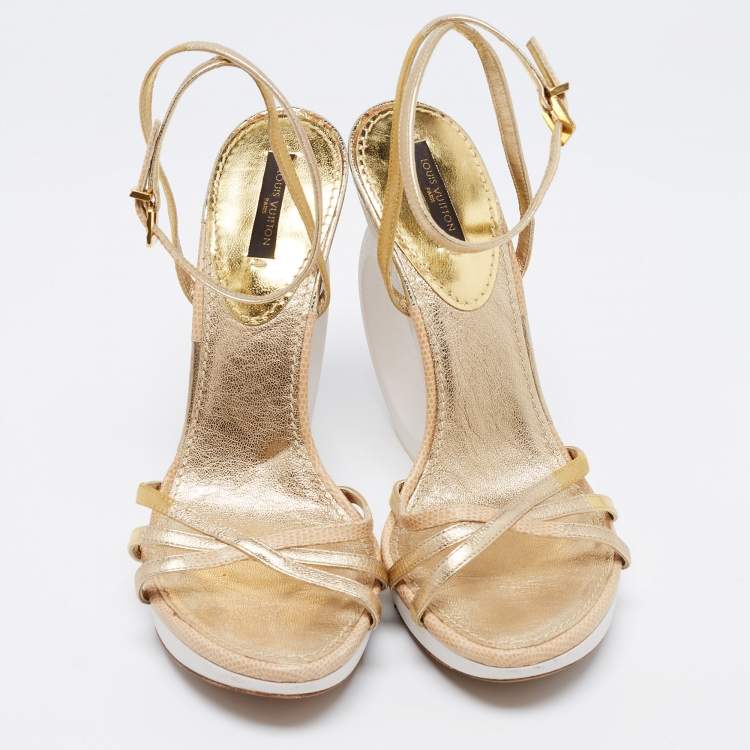 Pre Owned Louis Vuitton Gold Leather Round Wedge Ankle Strap Sandals Size 39