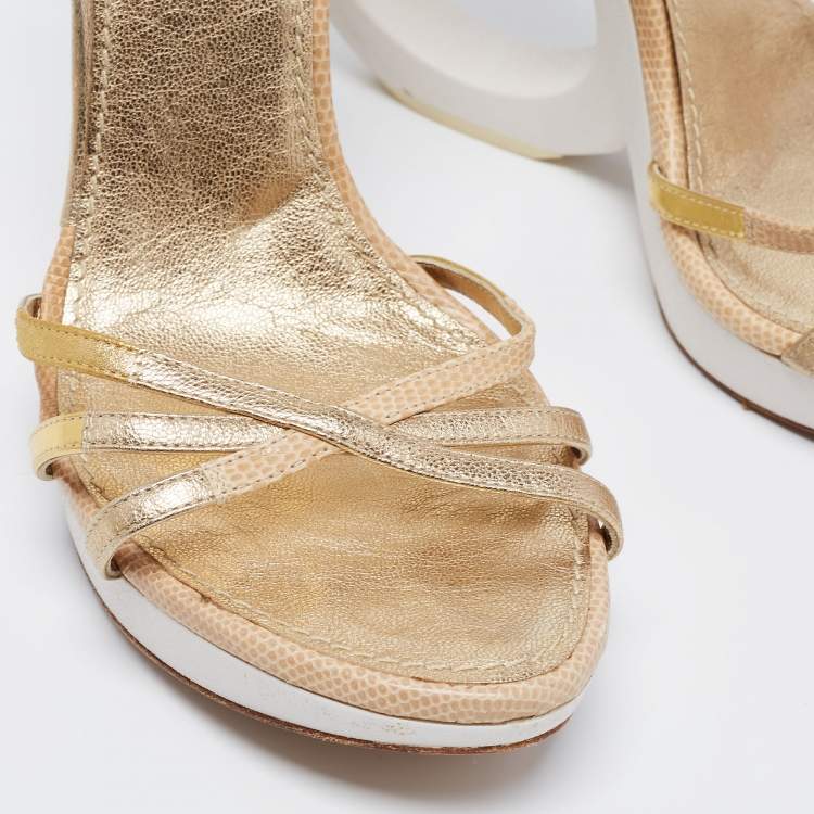 Pre Owned Louis Vuitton Gold Leather Round Wedge Ankle Strap Sandals Size 39