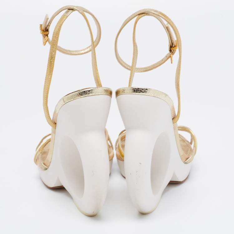 Pre Owned Louis Vuitton Gold Leather Round Wedge Ankle Strap Sandals Size 39