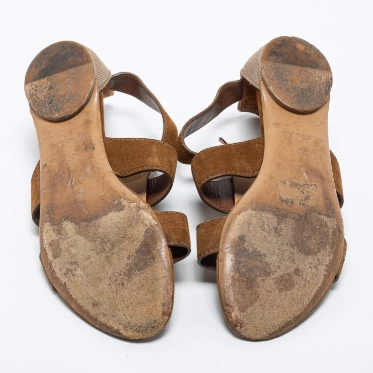 Pre Owned Louis Vuitton Brown Suede and Canvas Flat Sandals Size 37