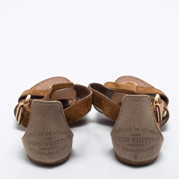 Pre Owned Louis Vuitton Brown Suede and Canvas Flat Sandals Size 37