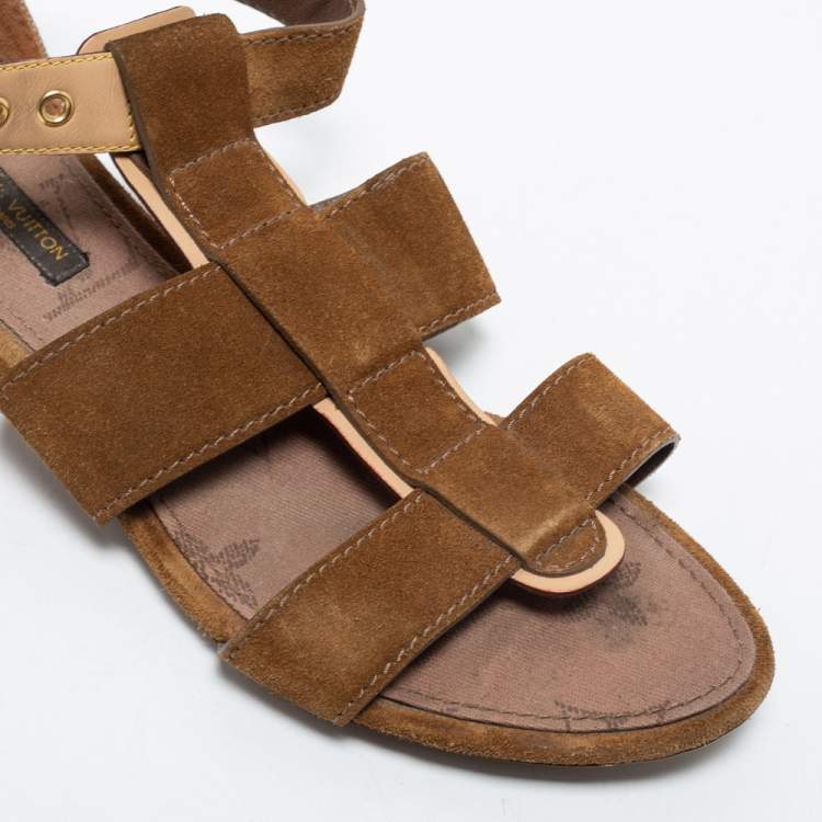 Pre Owned Louis Vuitton Brown Suede and Canvas Flat Sandals Size 37