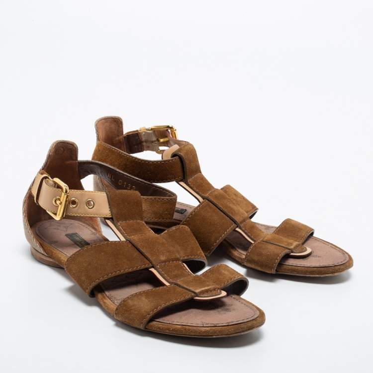 Pre Owned Louis Vuitton Brown Suede and Canvas Flat Sandals Size 37