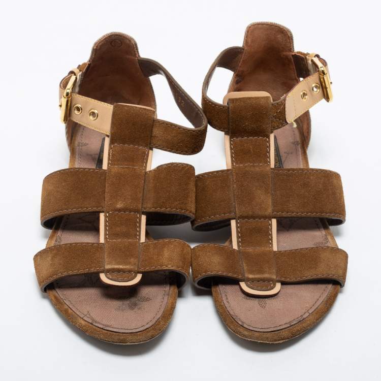 Pre Owned Louis Vuitton Brown Suede and Canvas Flat Sandals Size 37