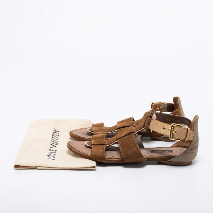 Pre Owned Louis Vuitton Brown Suede and Canvas Flat Sandals Size 37