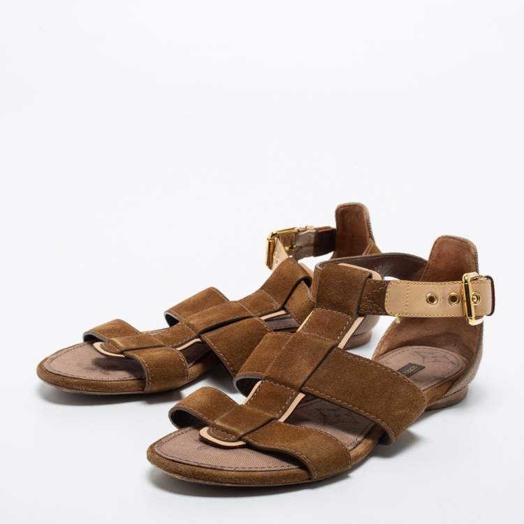 Pre Owned Louis Vuitton Brown Suede and Canvas Flat Sandals Size 37