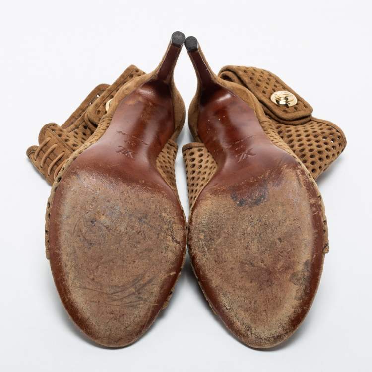مملوكة مسبقًا Louis Vuitton Brown Perforated Suede Open Toe Ankle Booties Size 39