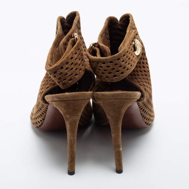مملوكة مسبقًا Louis Vuitton Brown Perforated Suede Open Toe Ankle Booties Size 39
