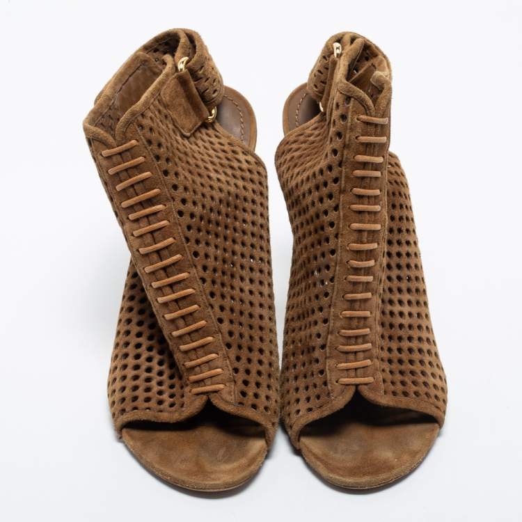 مملوكة مسبقًا Louis Vuitton Brown Perforated Suede Open Toe Ankle Booties Size 39