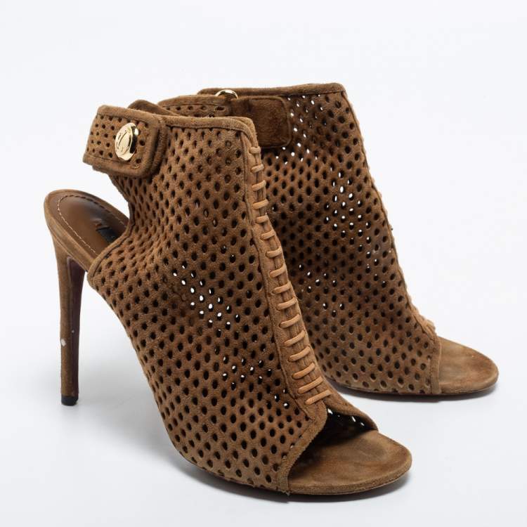 مملوكة مسبقًا Louis Vuitton Brown Perforated Suede Open Toe Ankle Booties Size 39