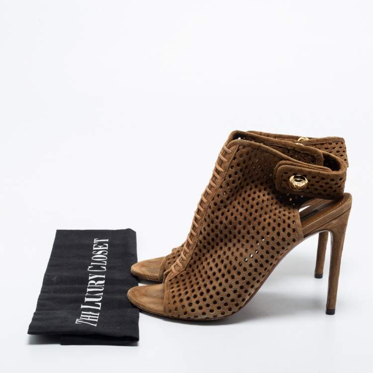 مملوكة مسبقًا Louis Vuitton Brown Perforated Suede Open Toe Ankle Booties Size 39