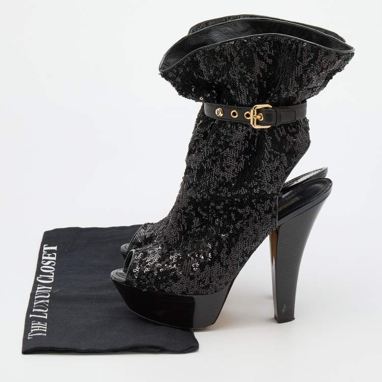 Pre Owned Louis Vuitton Black Sequins and Leather Mid Calf Platform Boots Size 39.5