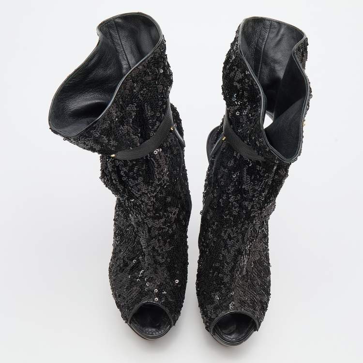 Pre Owned Louis Vuitton Black Sequins and Leather Mid Calf Platform Boots Size 39.5