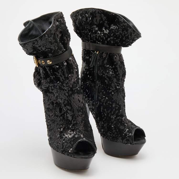 Pre Owned Louis Vuitton Black Sequins and Leather Mid Calf Platform Boots Size 39.5