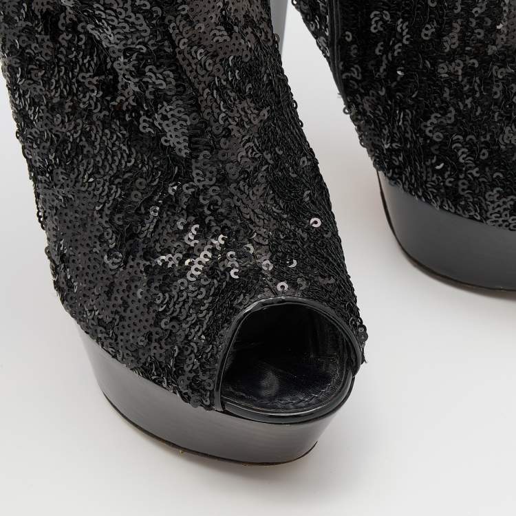 Pre Owned Louis Vuitton Black Sequins and Leather Mid Calf Platform Boots Size 39.5