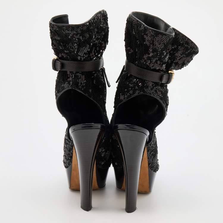 Pre Owned Louis Vuitton Black Sequins and Leather Mid Calf Platform Boots Size 39.5