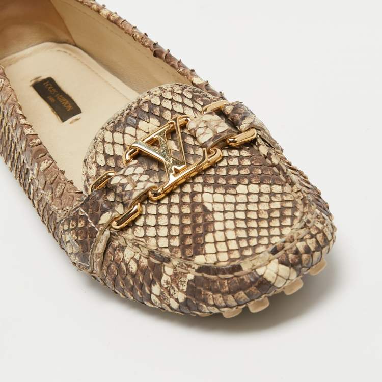 Pre Owned Louis Vuitton Brown/Cream Python Leather Oxford Loafers Size 38 
