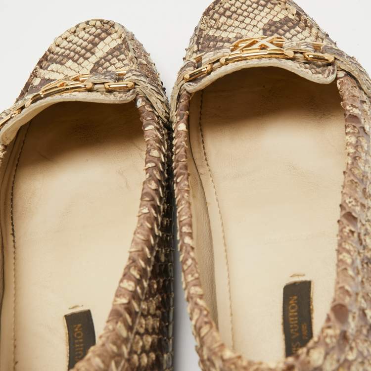 Pre Owned Louis Vuitton Brown/Cream Python Leather Oxford Loafers Size 38 