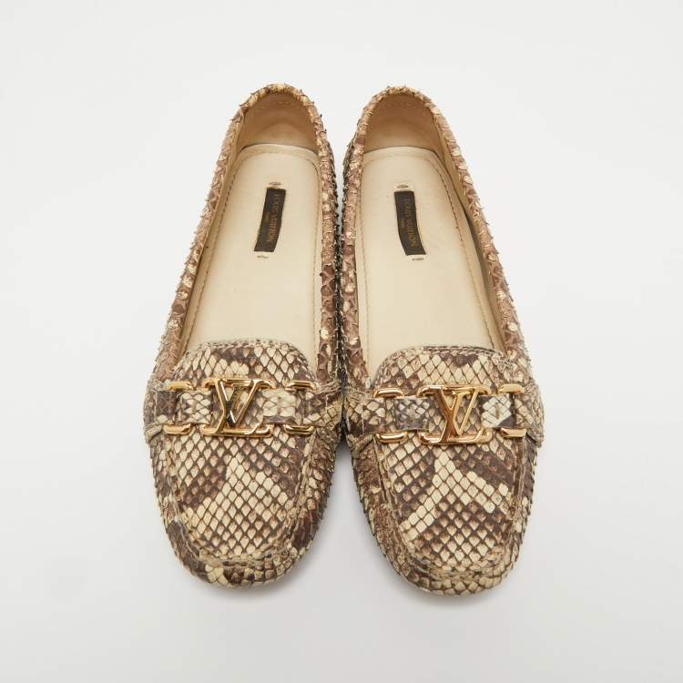 Pre Owned Louis Vuitton Brown/Cream Python Leather Oxford Loafers Size 38 
