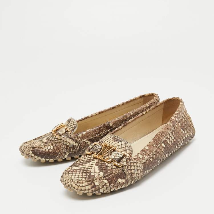 Pre Owned Louis Vuitton Brown/Cream Python Leather Oxford Loafers Size 38 