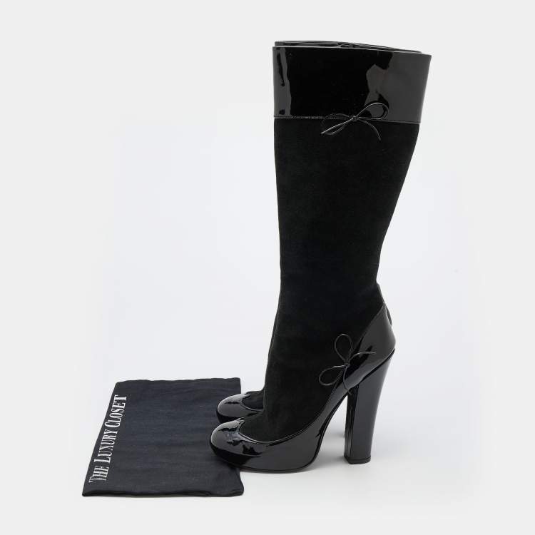 Pre Owned Louis Vuitton Black Suede and Patent Leather Knee Length Boots Size 38.5