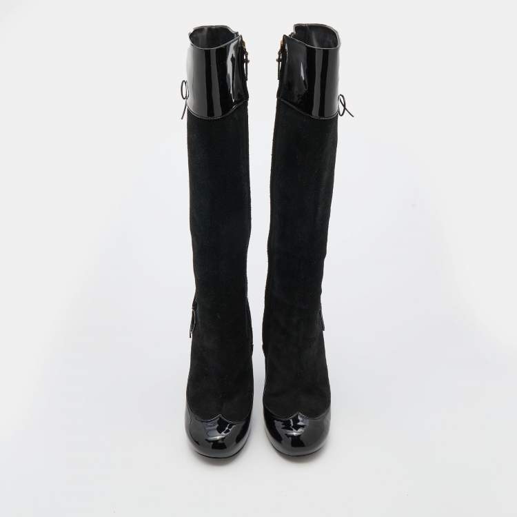 Pre Owned Louis Vuitton Black Suede and Patent Leather Knee Length Boots Size 38.5