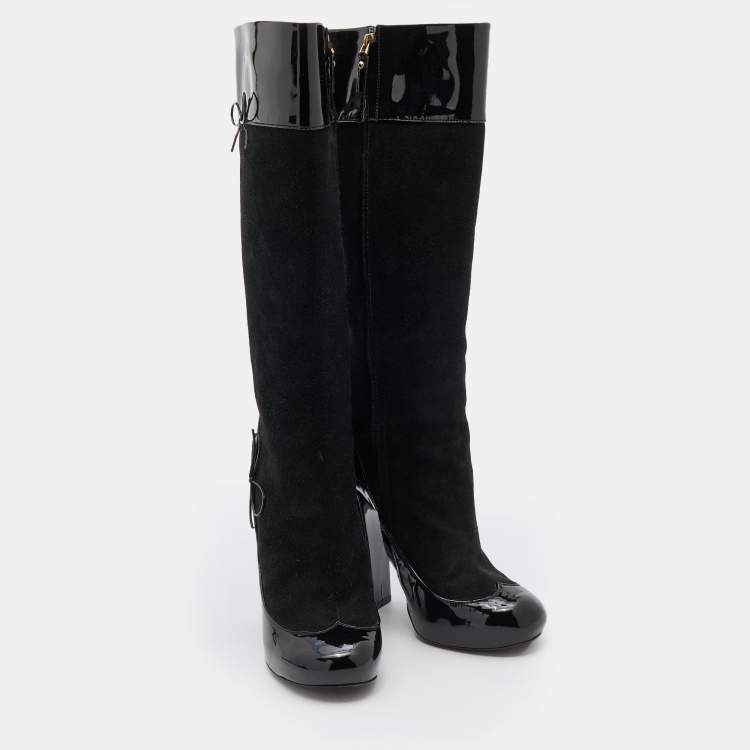 Pre Owned Louis Vuitton Black Suede and Patent Leather Knee Length Boots Size 38.5