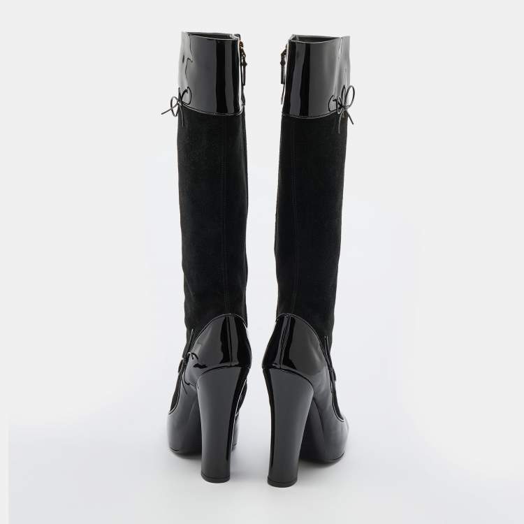 Pre Owned Louis Vuitton Black Suede and Patent Leather Knee Length Boots Size 38.5