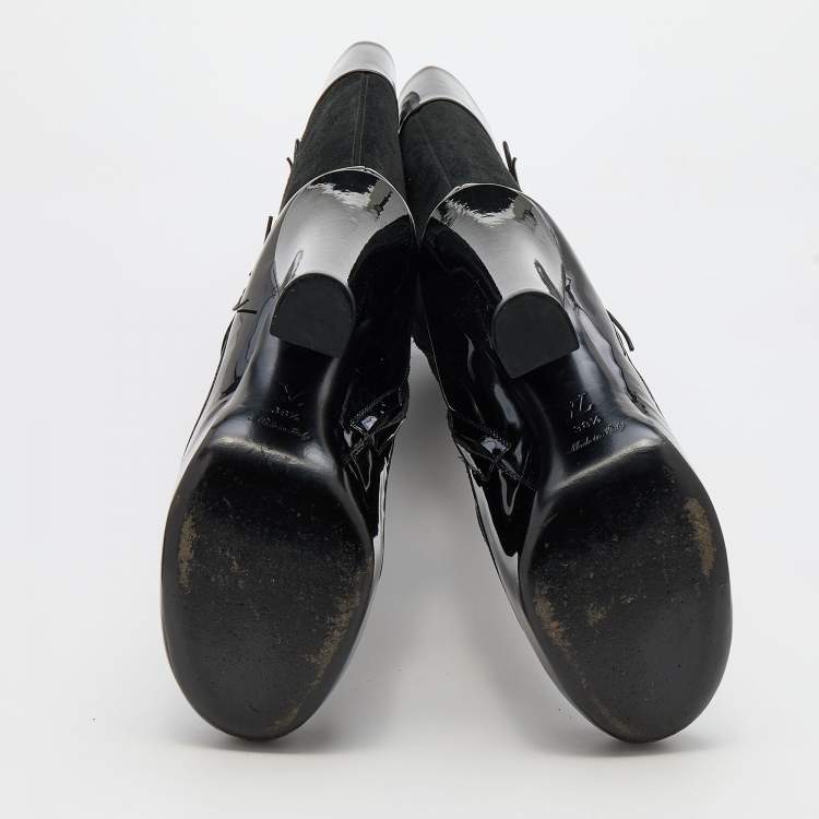 Pre Owned Louis Vuitton Black Suede and Patent Leather Knee Length Boots Size 38.5